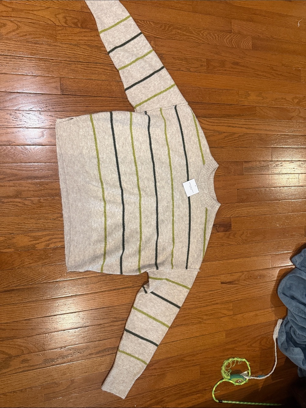American Eagle Outfitters Beige Crewneck Sweater with Green & Black Stripes